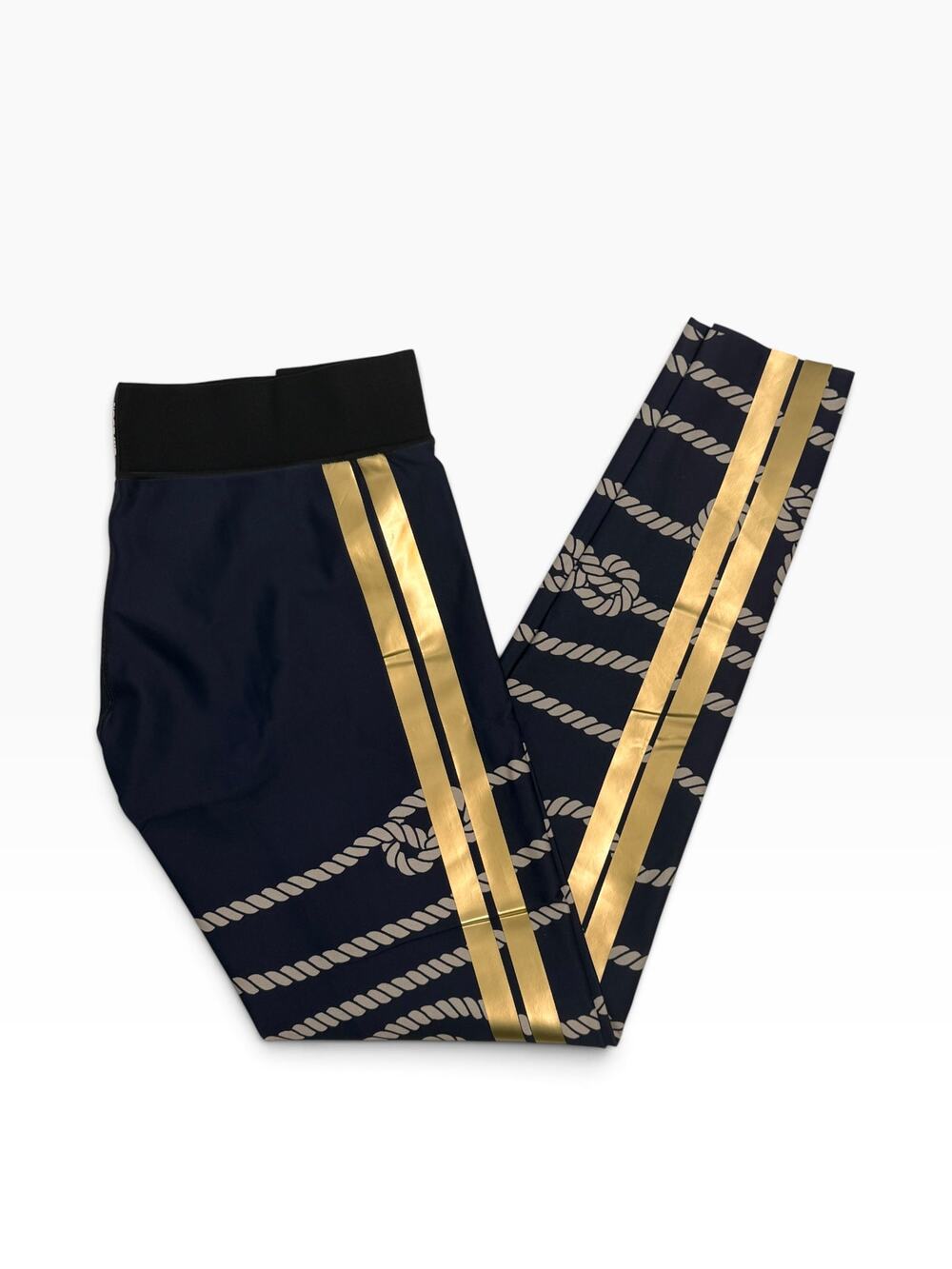 Ultracor NWOT Sz XS Nautical Rope Knot Print Legging Gold Metallic Stripe Yacht
